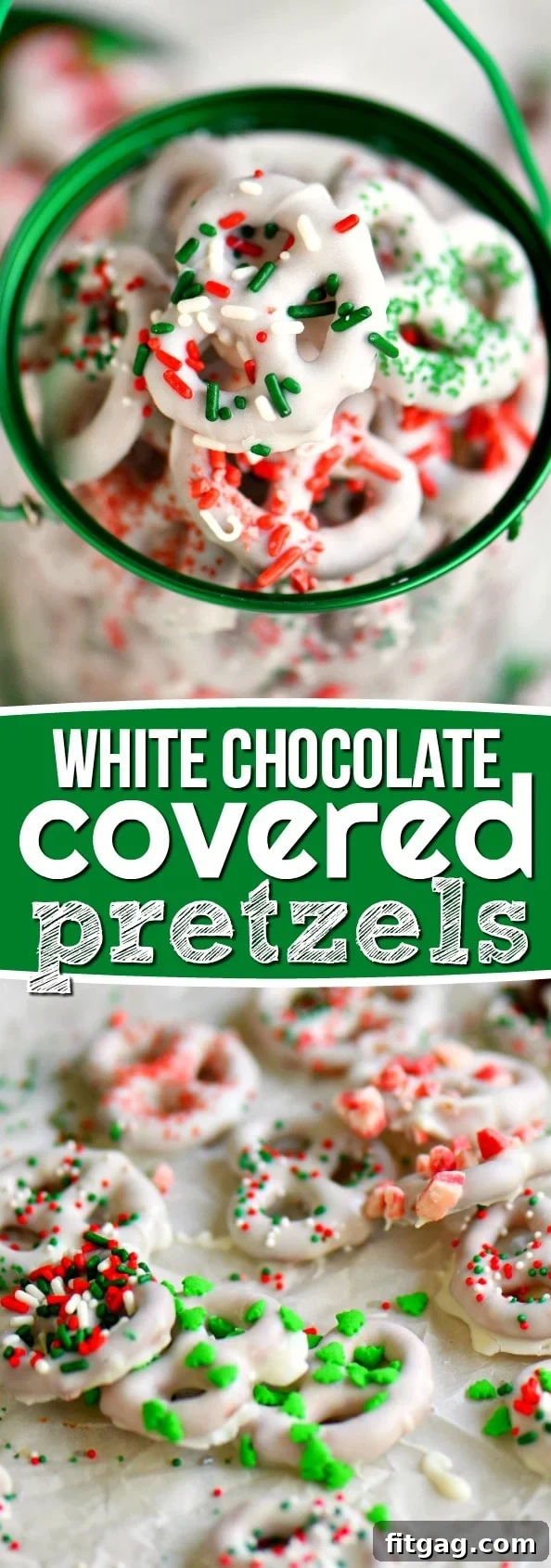 Simple White Chocolate Pretzel Delights 8 Variety of white chocolate covered pretzels with different holiday sprinkles, perfect for gifting.