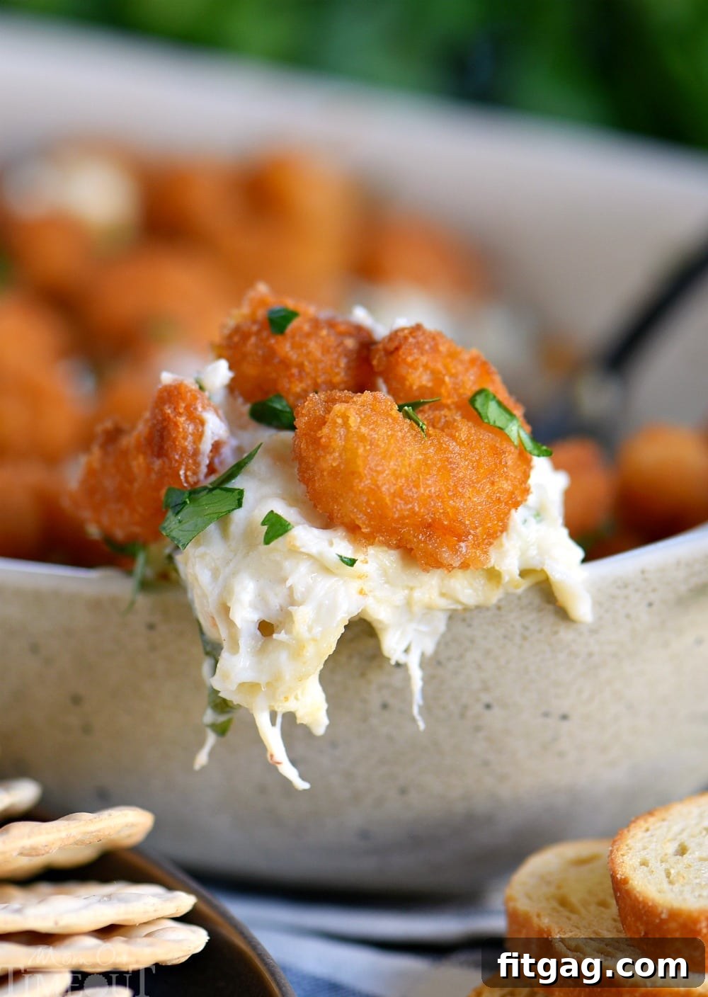 Decadent Baked Crab Dip 4 Close-up of Seafood Lovers Baked Crab Dip garnished with fresh parsley and served with baguette slices and crackers. #easyentertaining #partyfood #crab