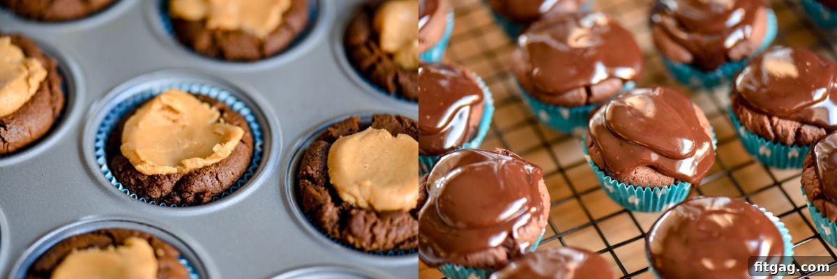 A two-image collage illustrating the key steps in making Buckeye Bites, from forming the cookie cups to adding the filling.