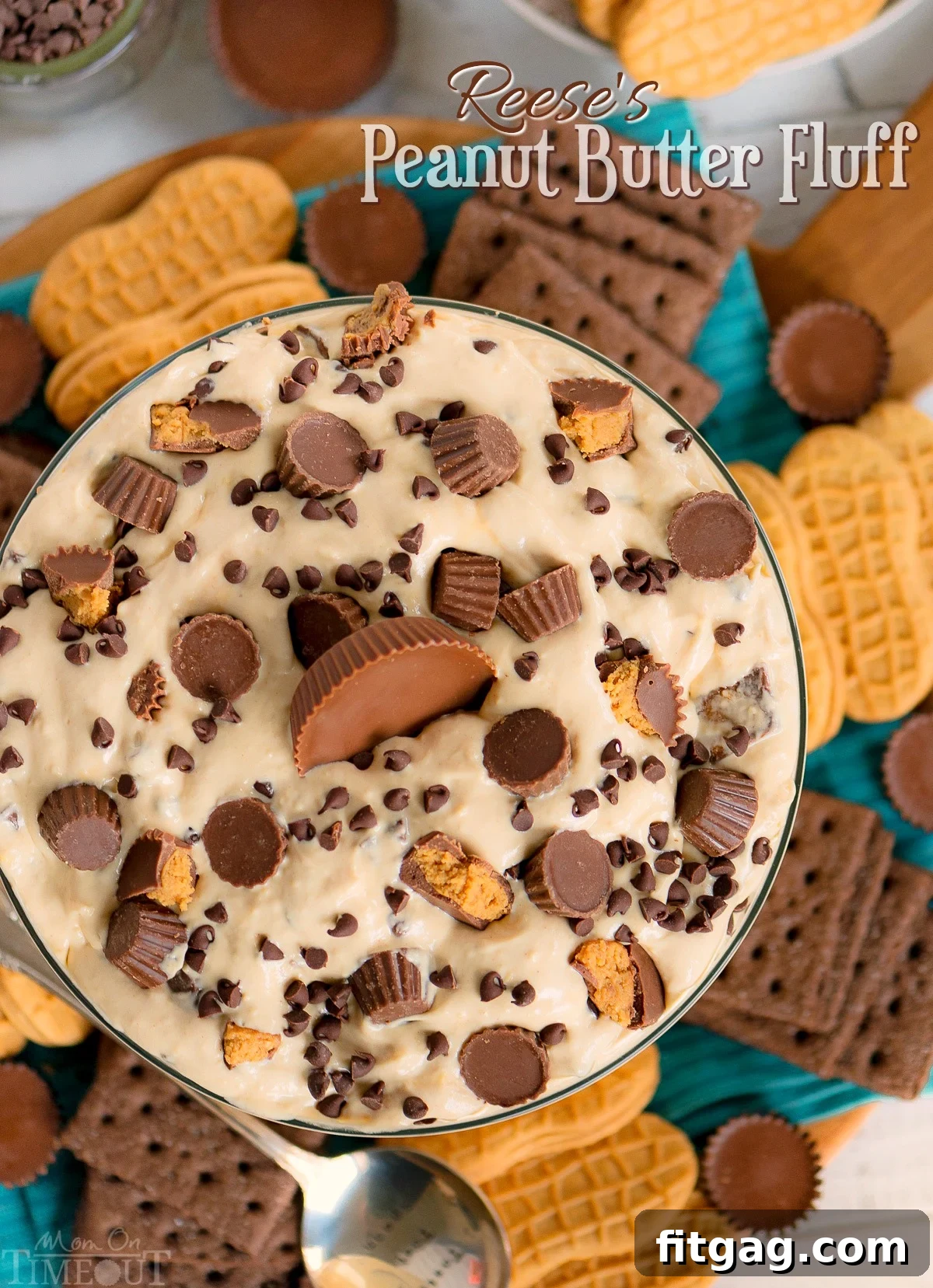 Reese's Peanut Butter fluff dessert, served with various dippers on a white platter.