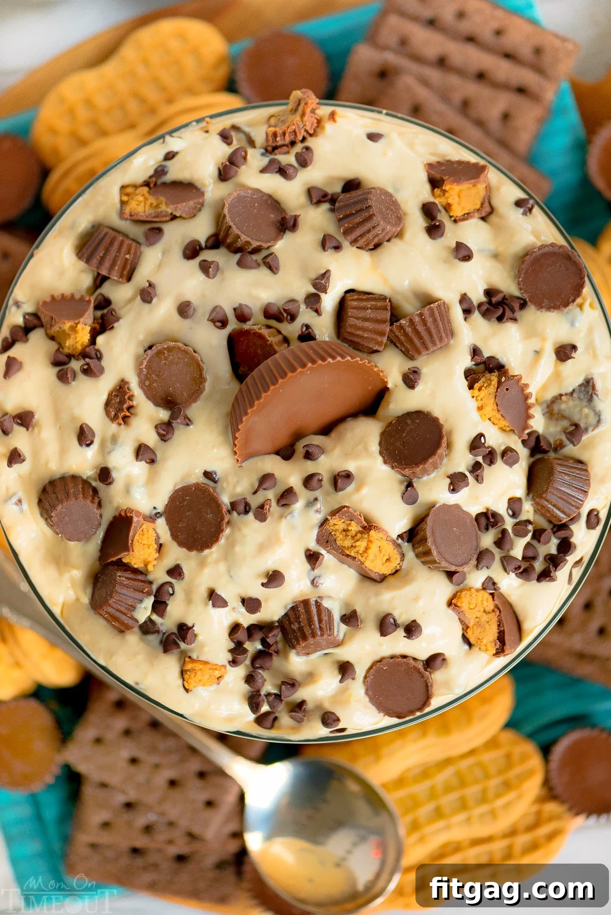 reese's peanut butter cup fluff in a bowl with various dippers