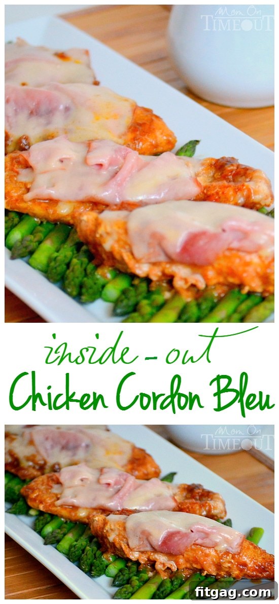A top-down view of Inside Out Chicken Cordon Bleu, artfully garnished with fresh herbs, showcasing its appealing presentation and readiness to be served as a delightful meal.
