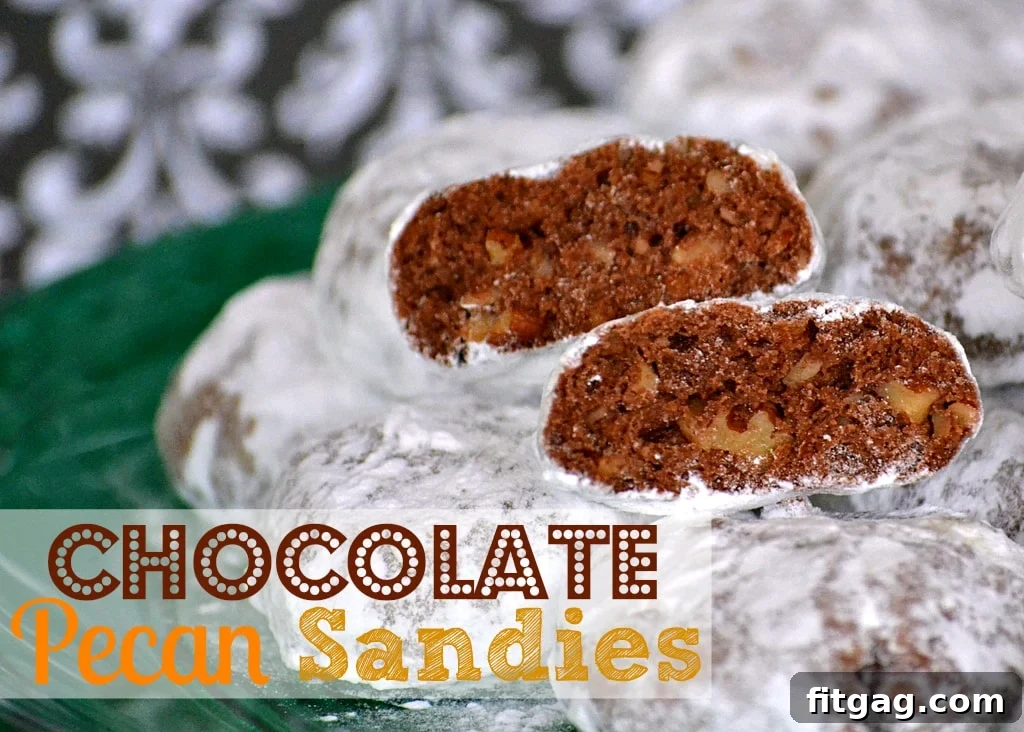 Chocolate Pecan Sandies | Mom On Timeout - Snowy white on the outside and chocolaty on the inside – a yummy twist on the original! #cookies #recipes #desserts Close-up of a perfect Chocolate Pecan Sandie, dusted with powdered sugar.
