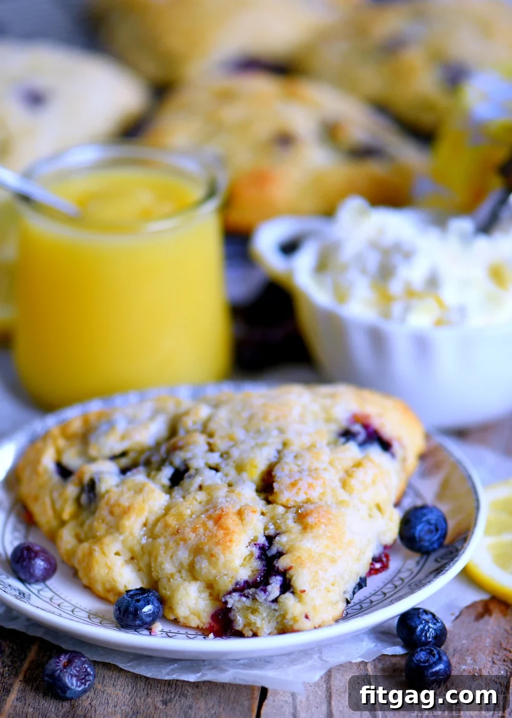 Sunshine Lemon Blueberry Scones 6 Plate of freshly baked lemon blueberry scones ready to be served
