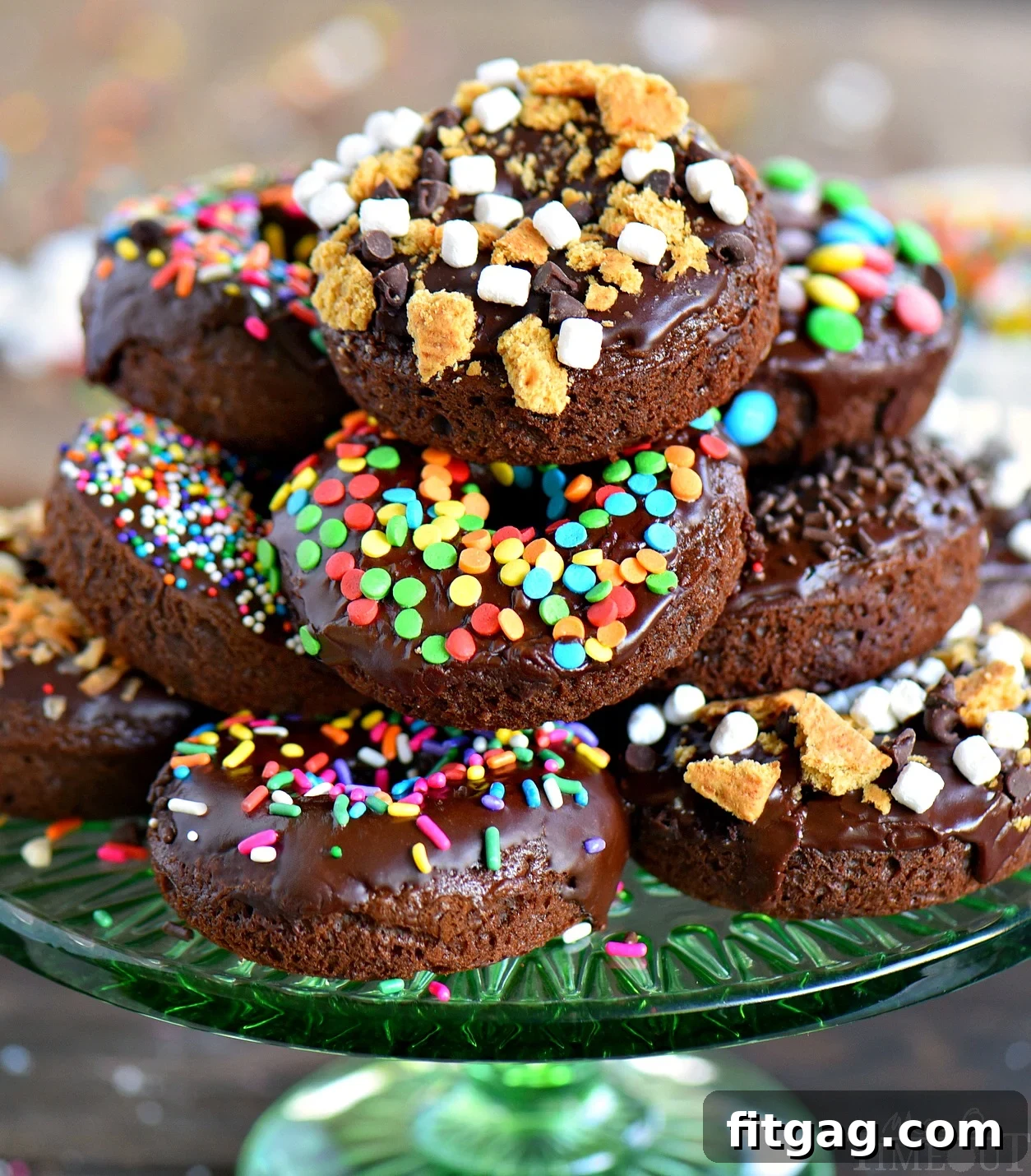 Delicious baked Chocolate Cake Mix Donuts with a rich chocolate glaze and various toppings. A perfect easy breakfast or dessert.