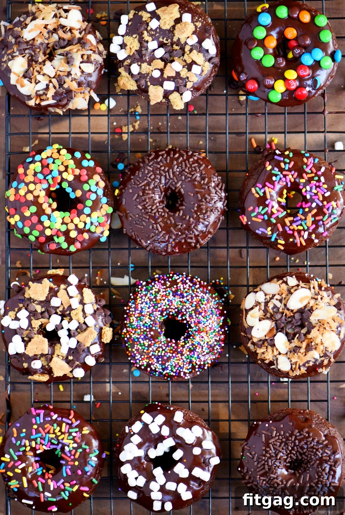A spread of various Chocolate Cake Mix Donuts with different toppings including sprinkles, nuts, and marshmallows, ready for sharing.