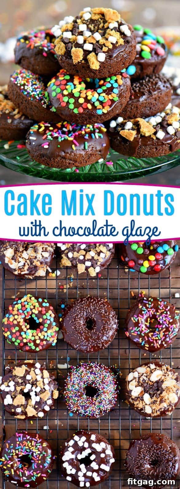A close-up shot of several chocolate cake mix donuts, generously covered in chocolate glaze and colorful sprinkles, ready to be enjoyed.