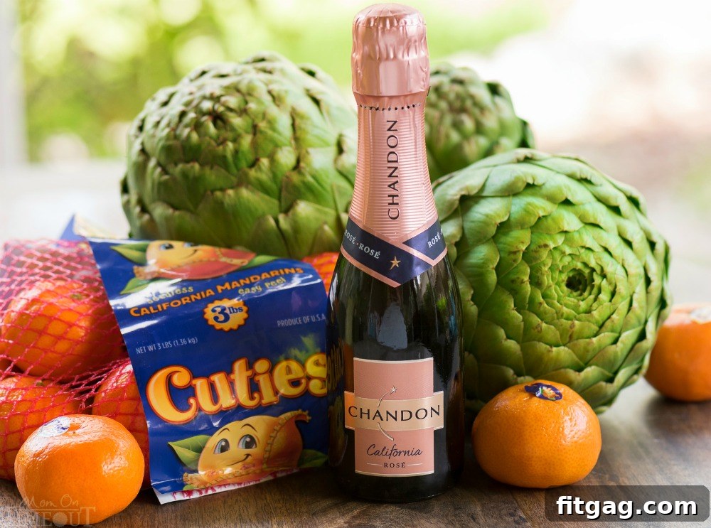 Fresh Sun Pacific Cuties mandarins and a bottle of Chandon sparkling wine, key ingredients for a unique pasta salad dressing.