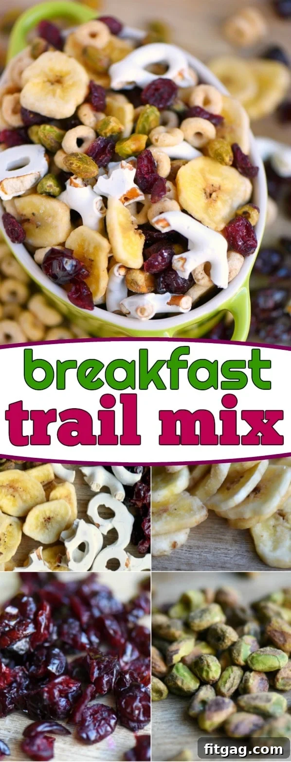 Breakfast Trail Mix in a glass jar, ready for snacking, emphasizing its convenience and deliciousness.