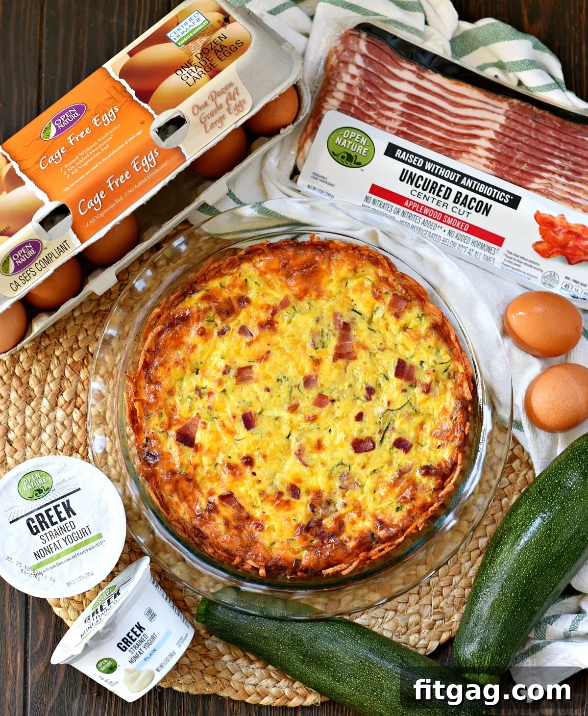 Ingredients for Zucchini Bacon Quiche with Hash Brown Crust