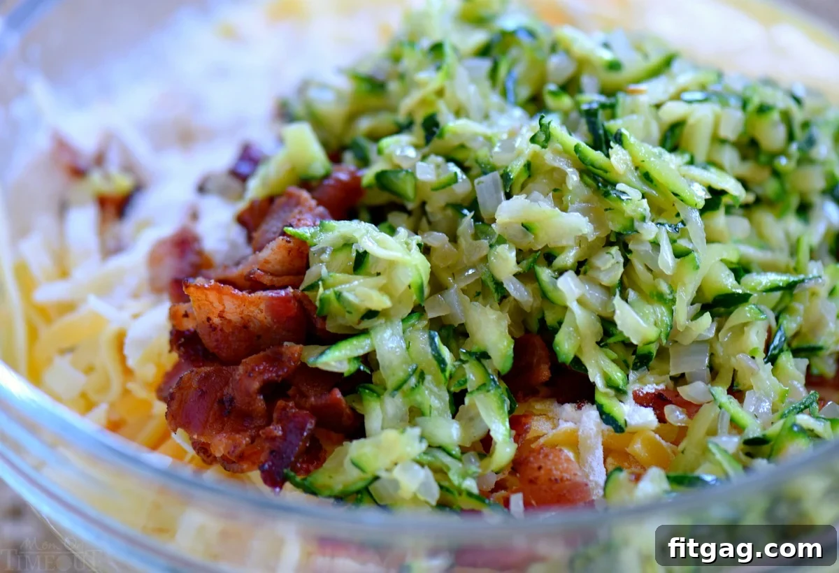Shredded zucchini, bacon, and cheese mixture for quiche