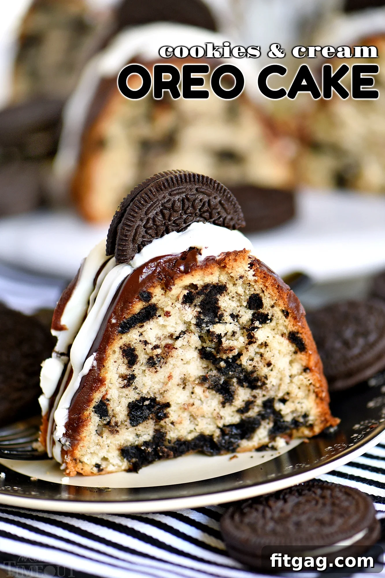 A delectable slice of Cookies and Cream OREO Cake, rich with black and white cookies, perfectly glazed, and ready to be enjoyed.