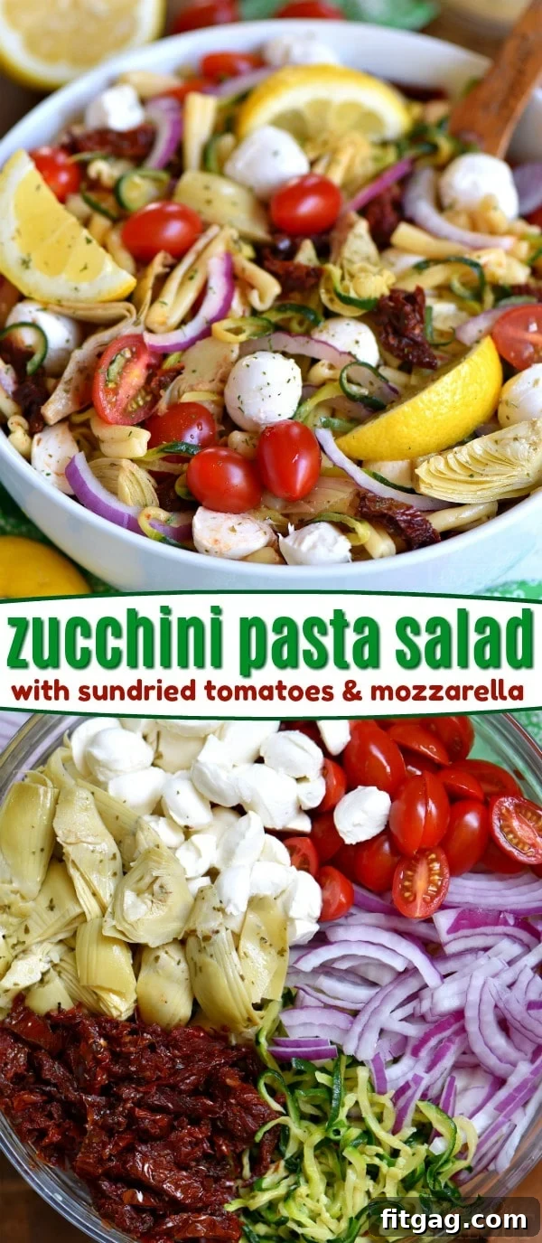 A vibrant bowl of Zucchini Pasta Salad with sun-dried tomatoes, artichokes, and mozzarella, perfect for a healthy meal.