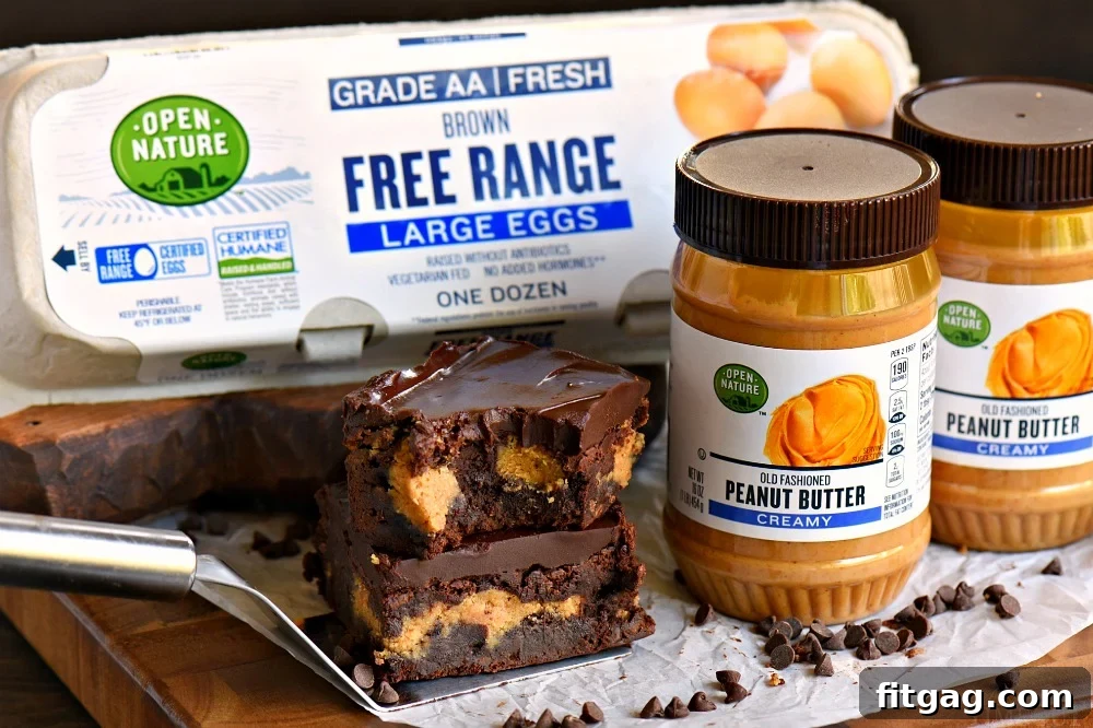 Open Nature ingredients for baking brownies, including peanut butter and eggs, highlighting natural and quality products.