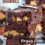 Close-up of baked peanut butter brownies with a recipe title overlay.