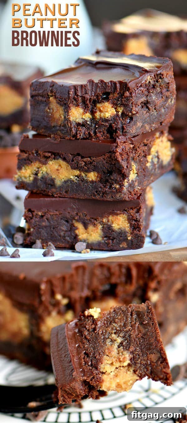 Delicious square-cut peanut butter brownies with a shiny ganache topping, ready to serve.