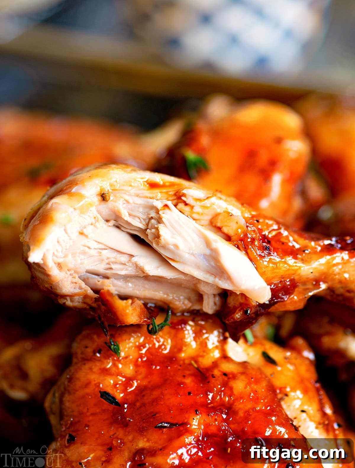 Close-up of a bite of honey balsamic glazed chicken
