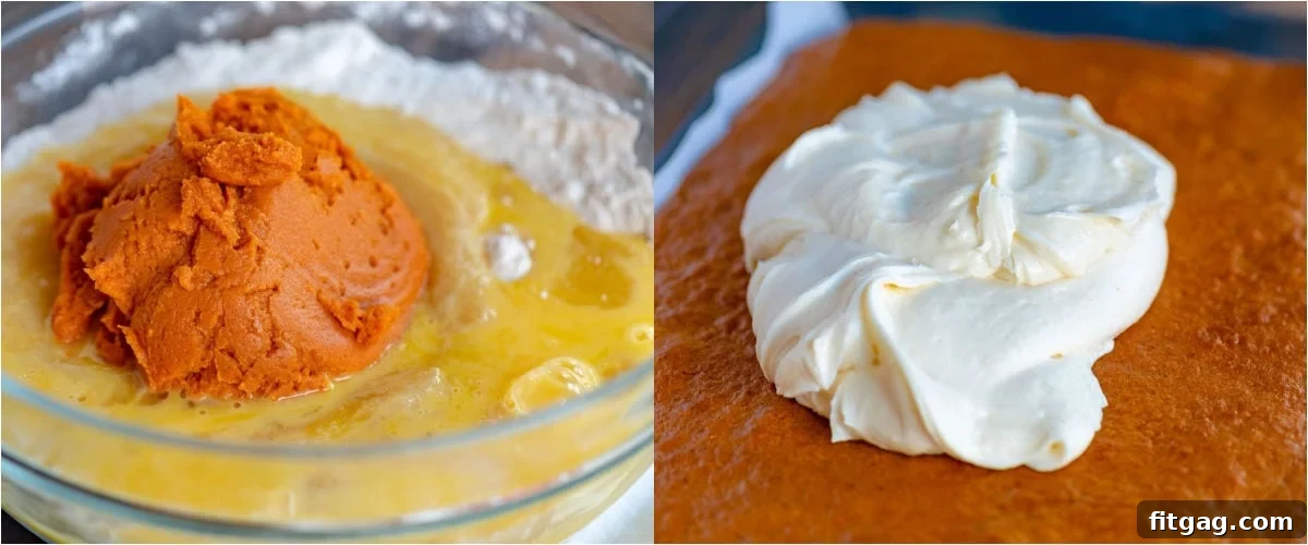 Dreamy Spiced Pumpkin Bars 5 A two-image collage illustrating the process of making pumpkin bars, from mixing batter to spreading it in a pan.