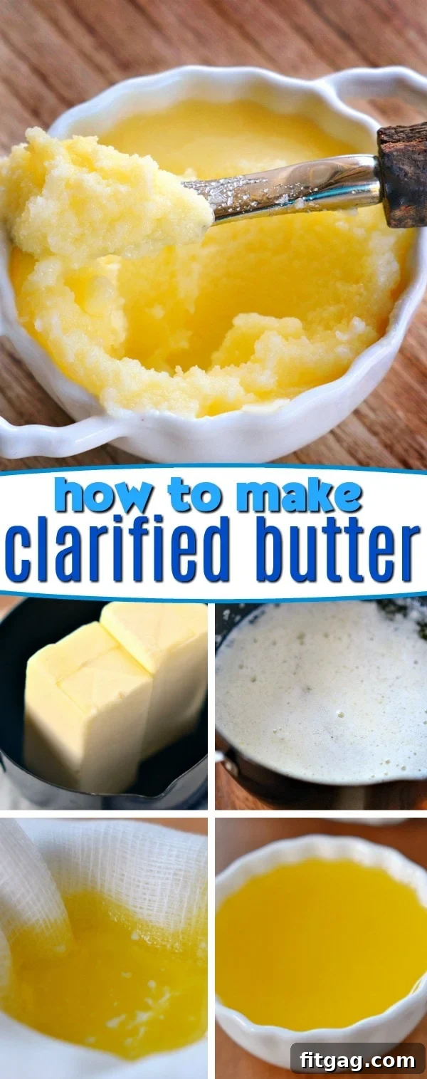 Infographic showing step-by-step process of how to make clarified butter with pictures.