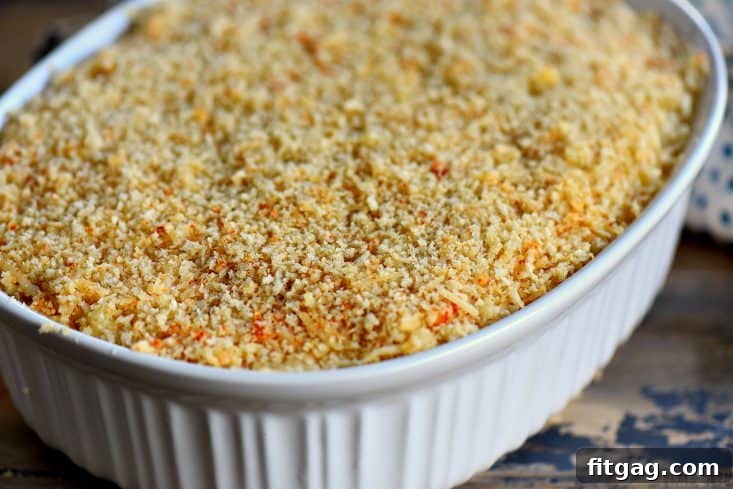 Close-up of baked mac and cheese with a golden, crunchy Panko topping.