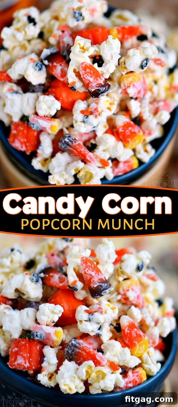 A close-up shot of the finished Candy Corn Popcorn Munch in a bowl, ready to be served.