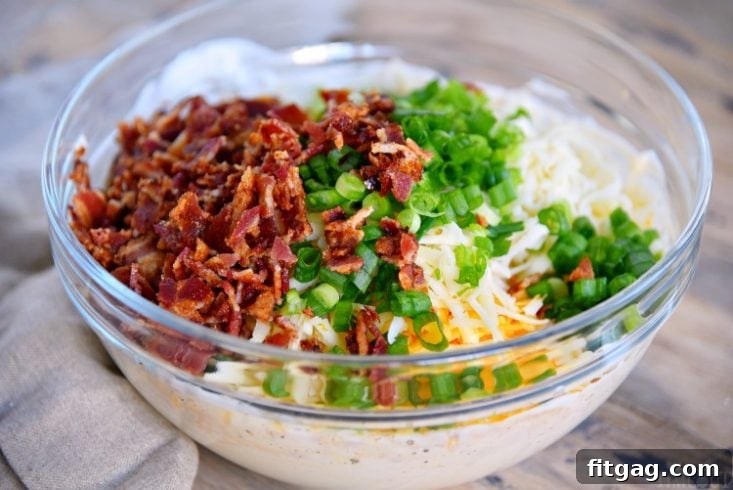 Fresh Ingredients for Baked Bacon Cheese Dip Ingredients for making a creamy Baked Bacon Cheese Dip.