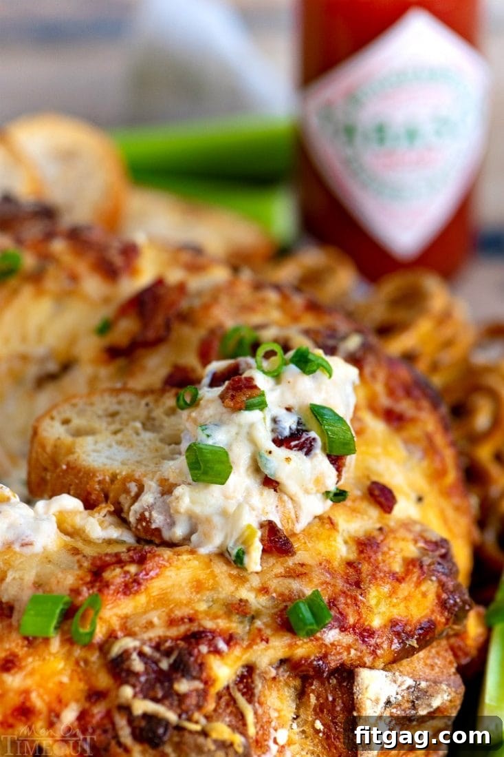 Serving Baked Bacon Cheese Dip with Crostini Baked Bacon Cheese Dip served with crispy crostini.