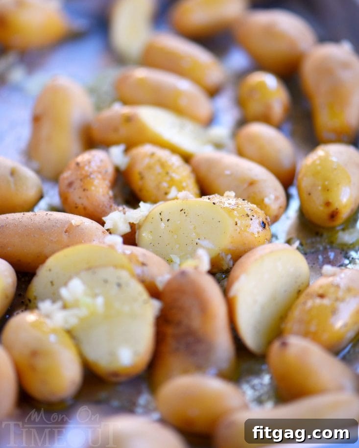 Crispy garlic roasted potatoes, perfect as a breakfast side. Garlic Roasted Potatoes for Breakfast