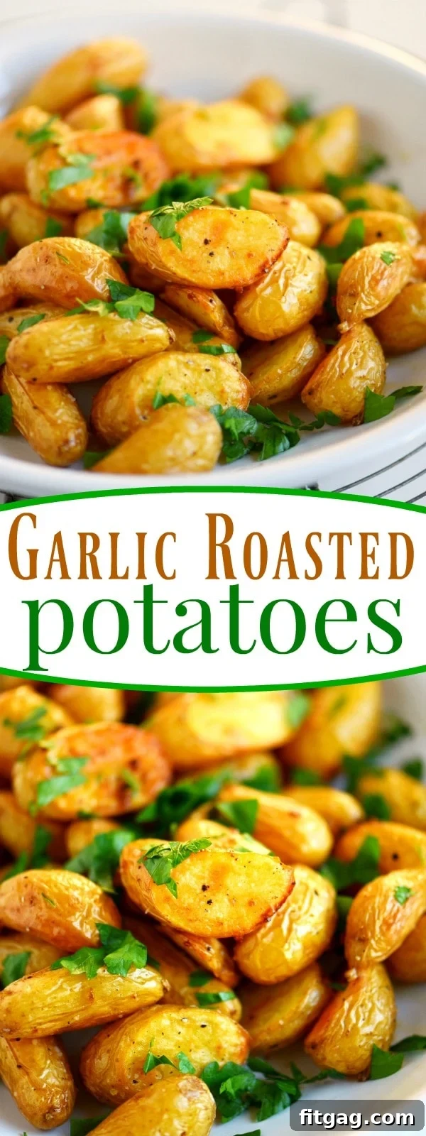 A smaller image showing a serving of garlic roasted potatoes, highlighting their texture.
