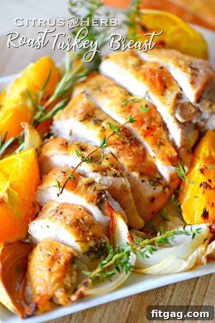 A perfectly roasted turkey breast, glistening with citrus and herbs, ready to be sliced.