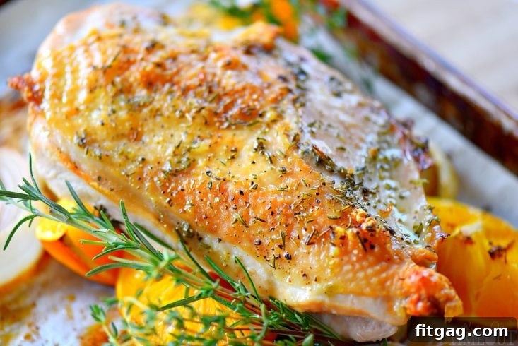 A close-up of the roasted turkey breast, showcasing its crispy skin and aromatic seasoning.
