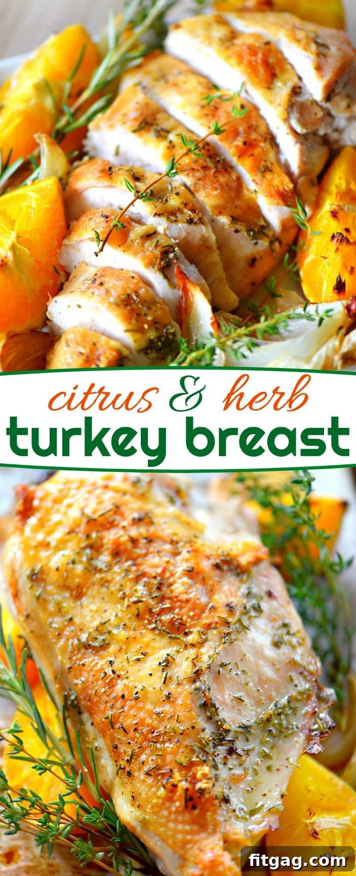 A collage of various steps and final presentation of the roast turkey breast recipe.