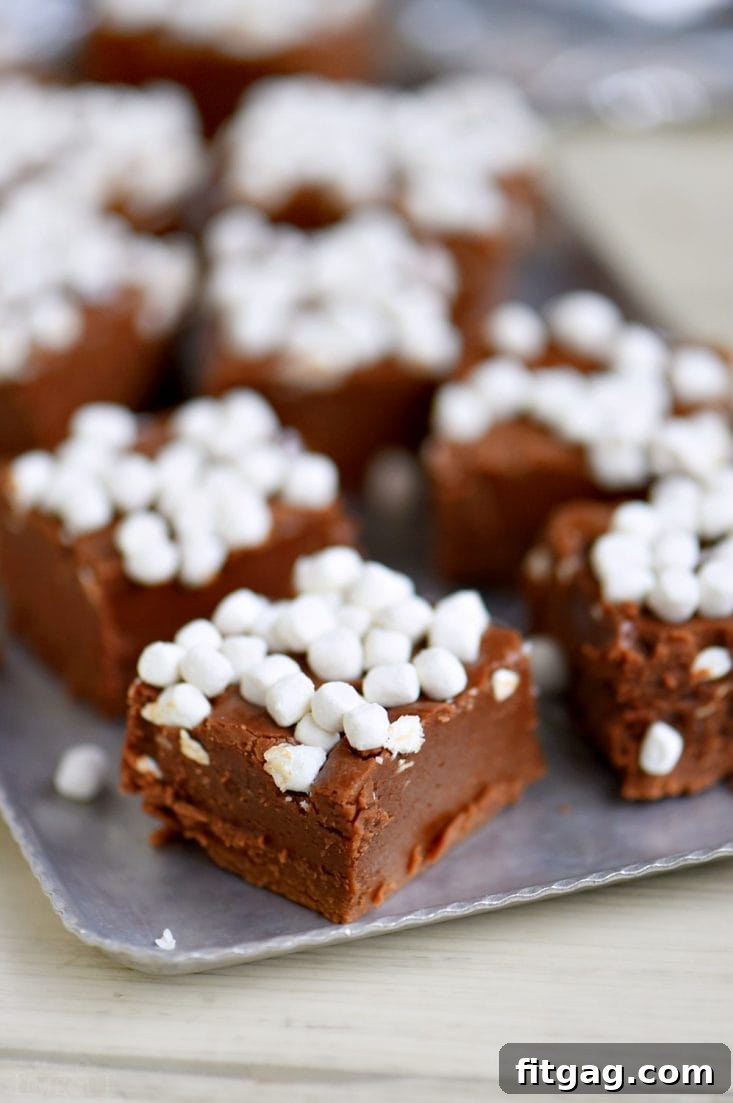 Close-up of freshly made hot cocoa fudge, generously topped with an abundance of mini marshmallows, showcasing its soft, creamy texture.