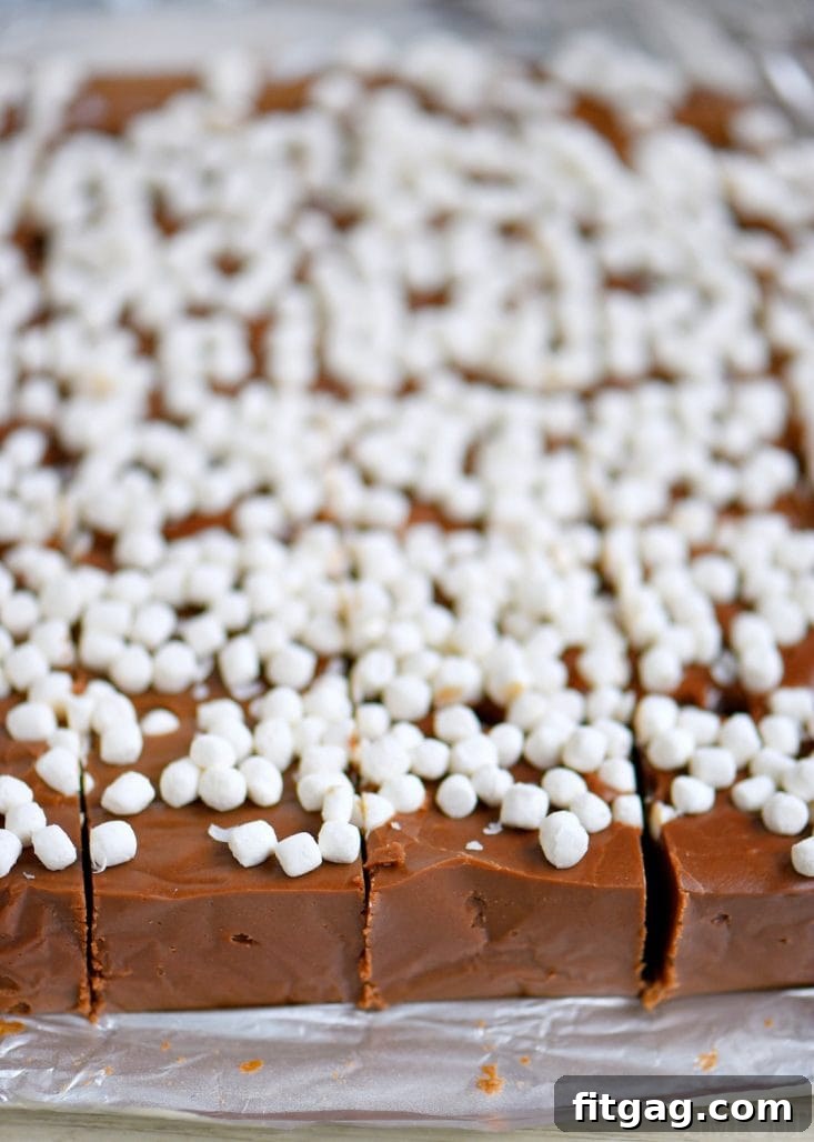 A square piece of hot cocoa fudge, showcasing a dense chocolate base studded with tiny marshmallow bits, ready for a bite.