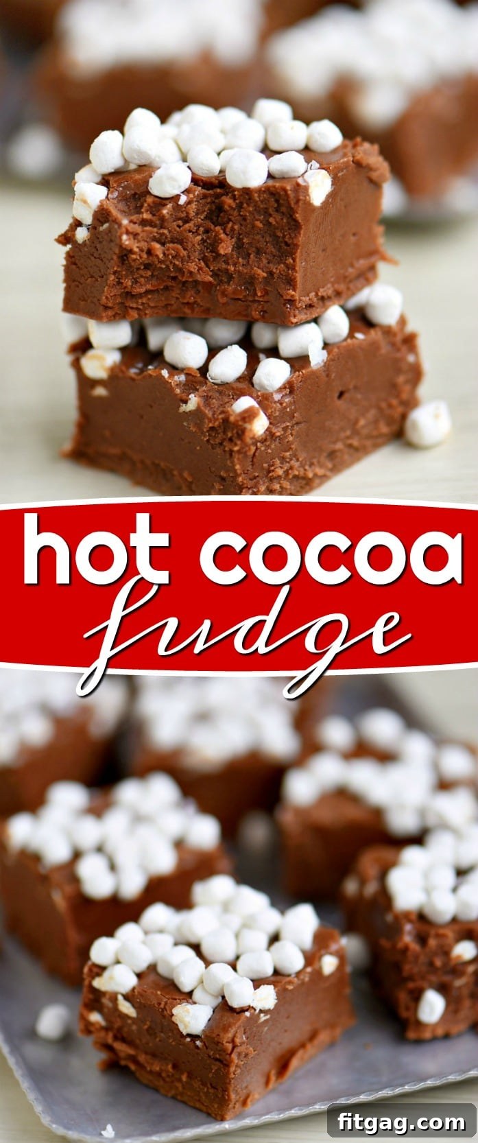 A collage of hot cocoa fudge images, showing the ingredients, the mixture in a pan, and the finished squares, perfect for a recipe overview.
