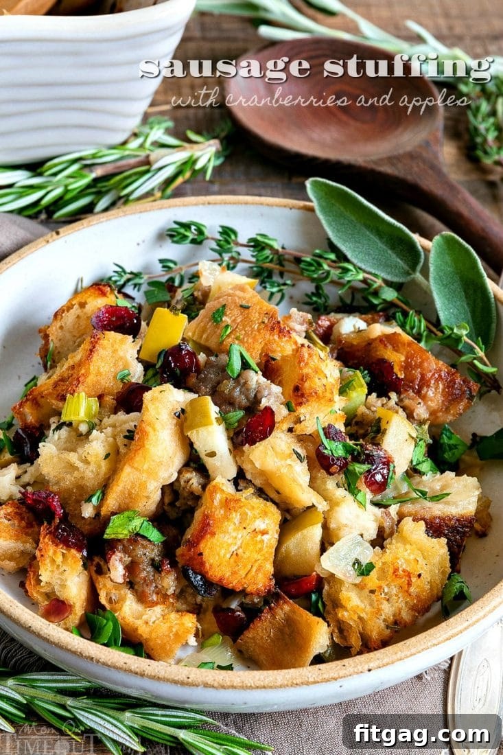 Sweet and Savory Cranberry Apple Sausage Stuffing 2 Delicious Sausage Stuffing with cranberries and apples in a festive bowl, perfect for holidays.