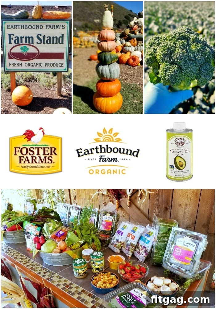 Collage showcasing the journey from farm to table, featuring a broccoli field, fresh organic produce, and a farm stand, emphasizing healthy eating.