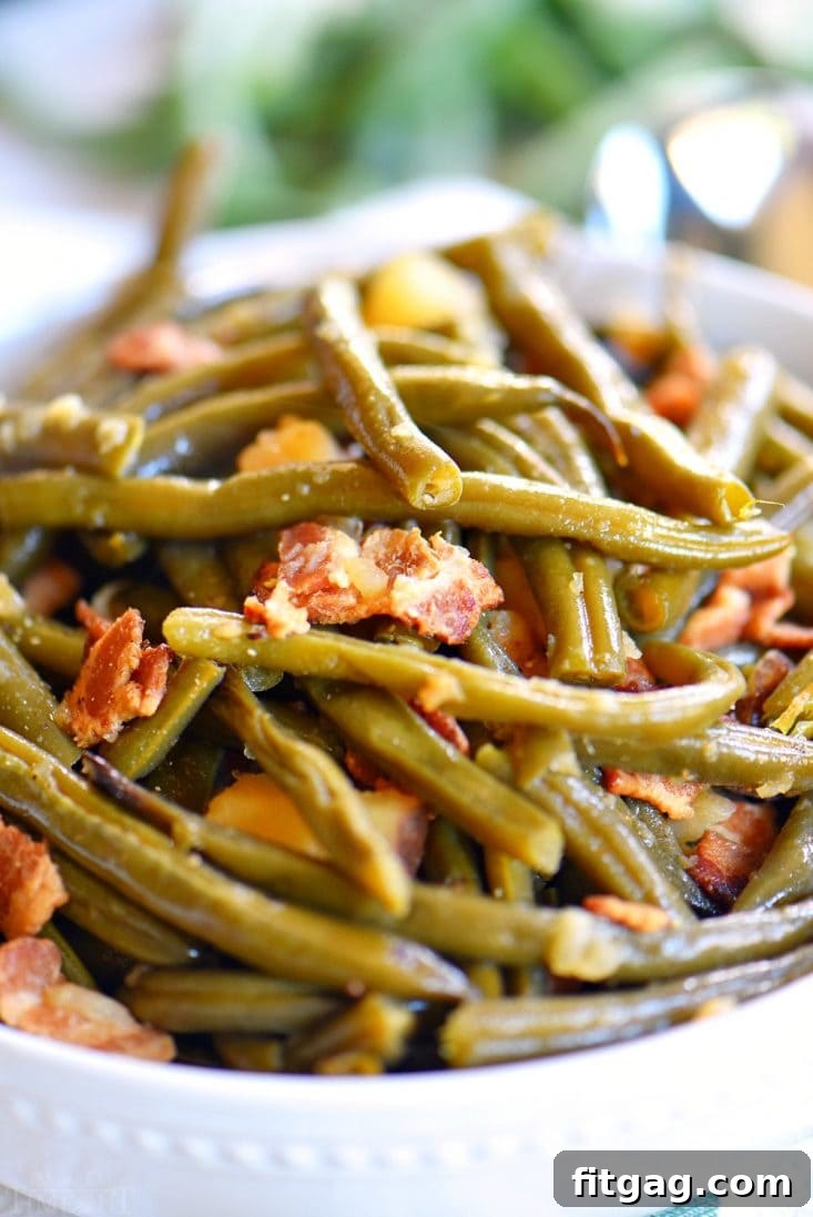 A serving of slow cooker green beans with bacon and potatoes, ready to be enjoyed as a hearty and flavorful side dish for any occasion.