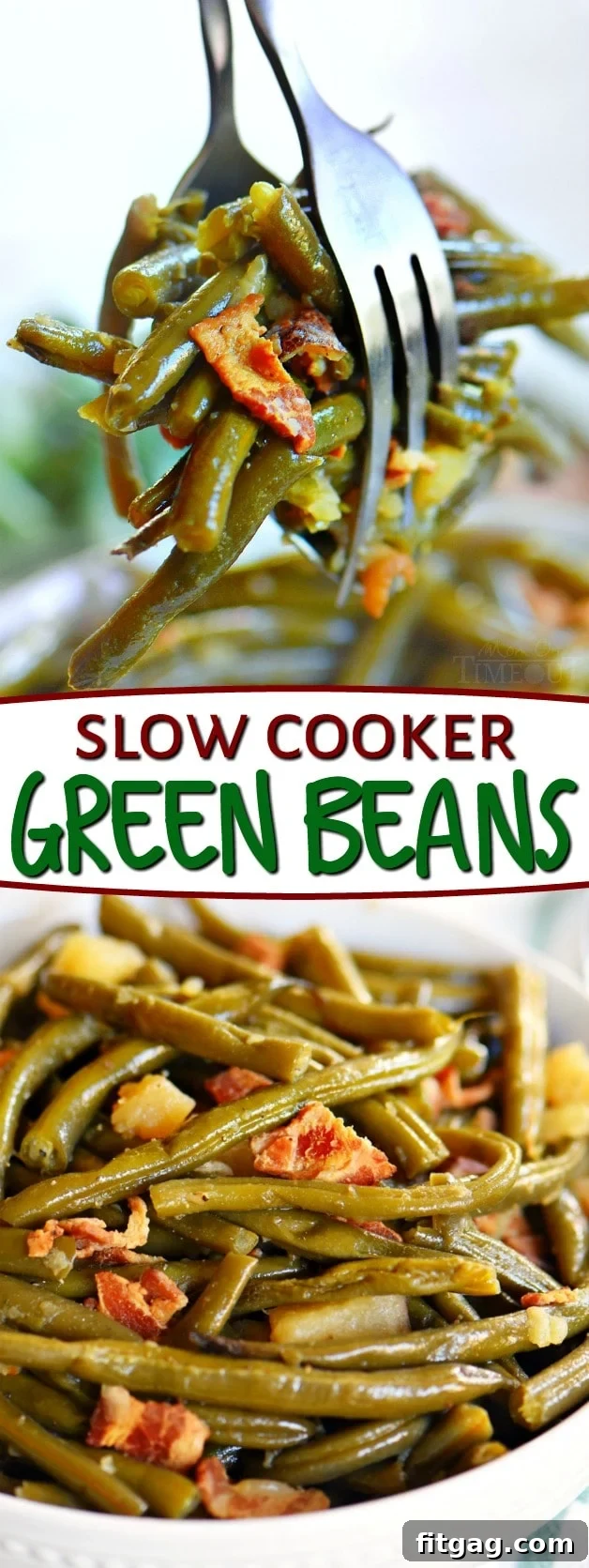 A collage of various stages of slow cooker green beans with bacon preparation and the final dish, highlighting the ease and deliciousness.
