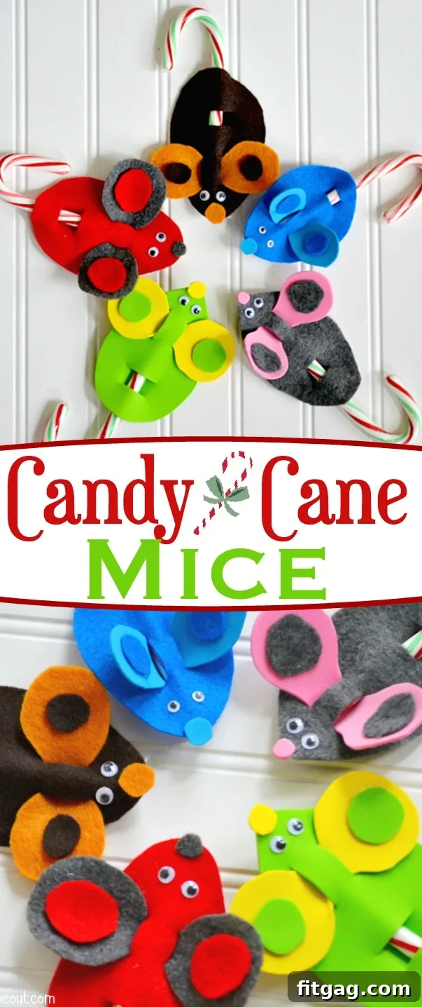 Pinterest graphic: Adorable Candy Cane Christmas Mice - Easy, Kid-Friendly Holiday Craft for a New Family Tradition.
