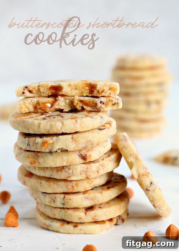 A beautifully arranged selection of butterscotch shortbread cookies with text overlay, emphasizing their deliciousness and shareability.