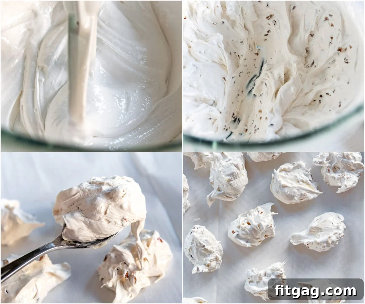 A four-image collage demonstrating the key stages of making divinity candy, from mixing to setting.
