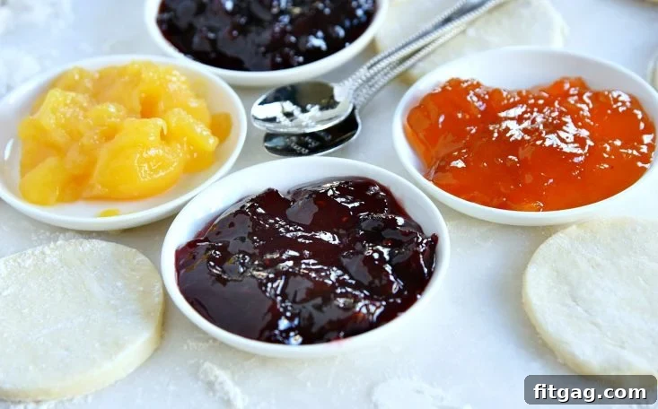Variety of Preserves for Empanada Fillings Assortment of fruit preserves and jams for filling cookies.