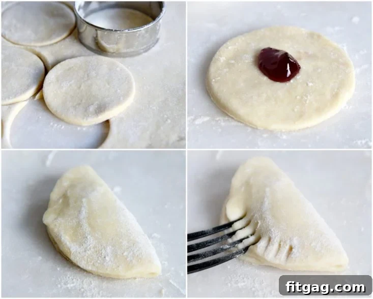 Step-by-step photos of rolling dough, filling, and sealing cookie empanadas.