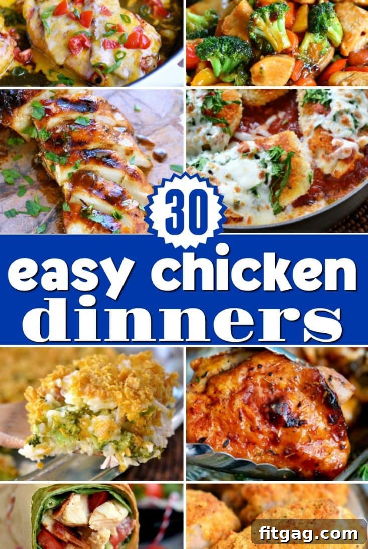 A vibrant collection of 30 easy chicken dinners, including skillet, stir fry, casseroles, and slow cooker options. Perfect for quick and delicious family meals.