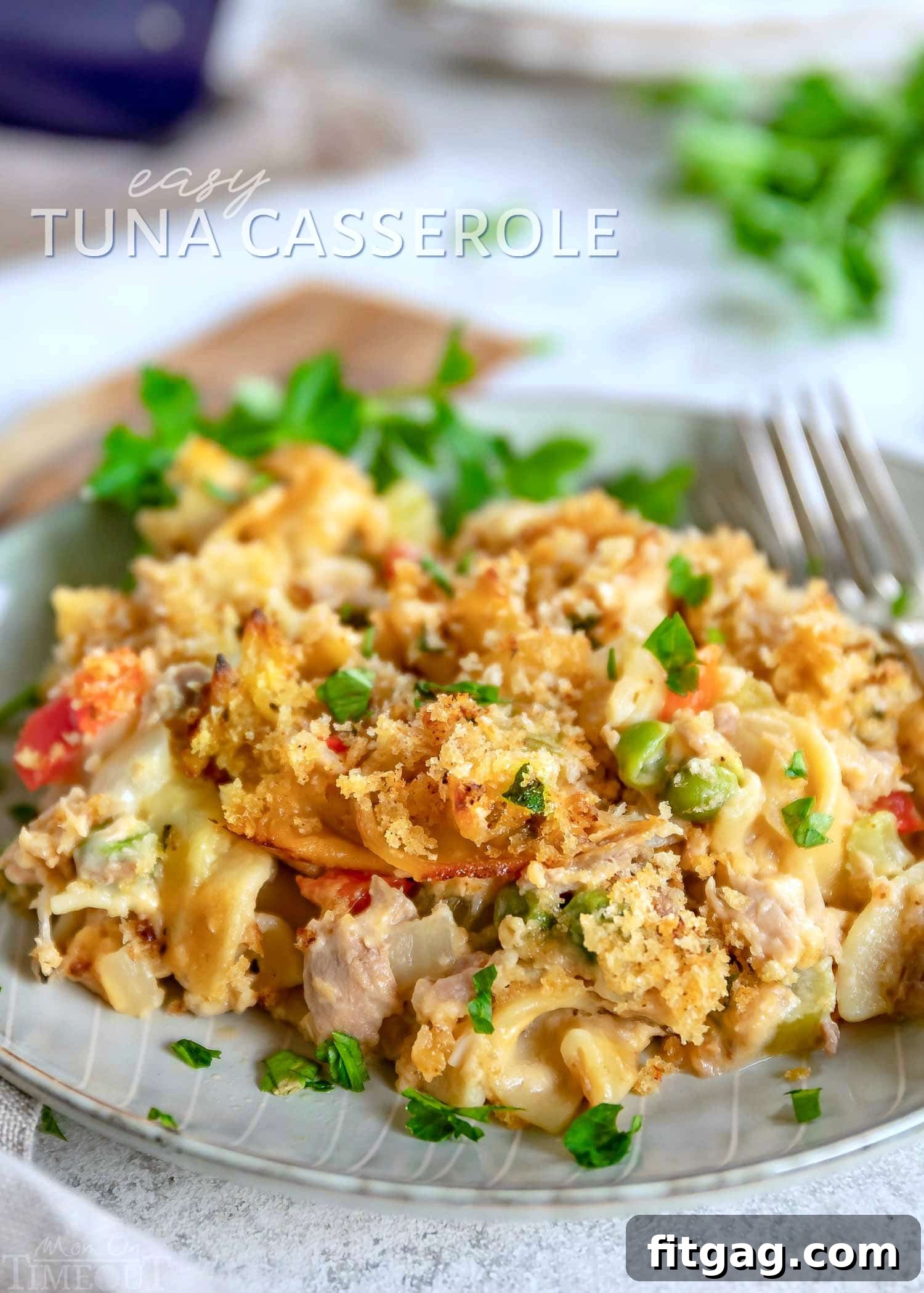 Delicious Tuna Noodle Casserole fresh out of the oven, golden brown topping