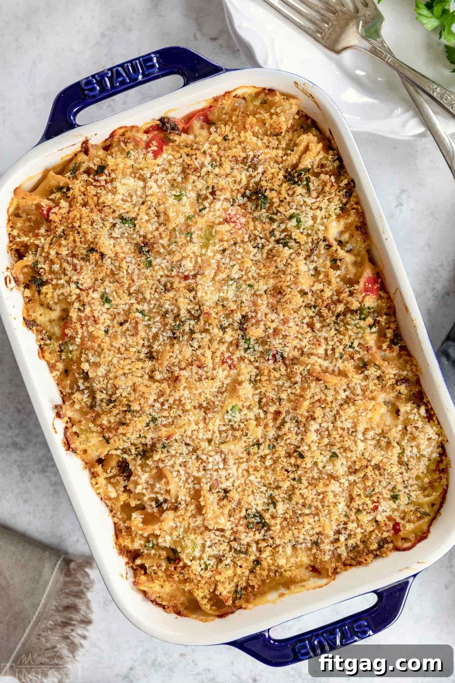 Baked Tuna Casserole with noodles, ready to be served