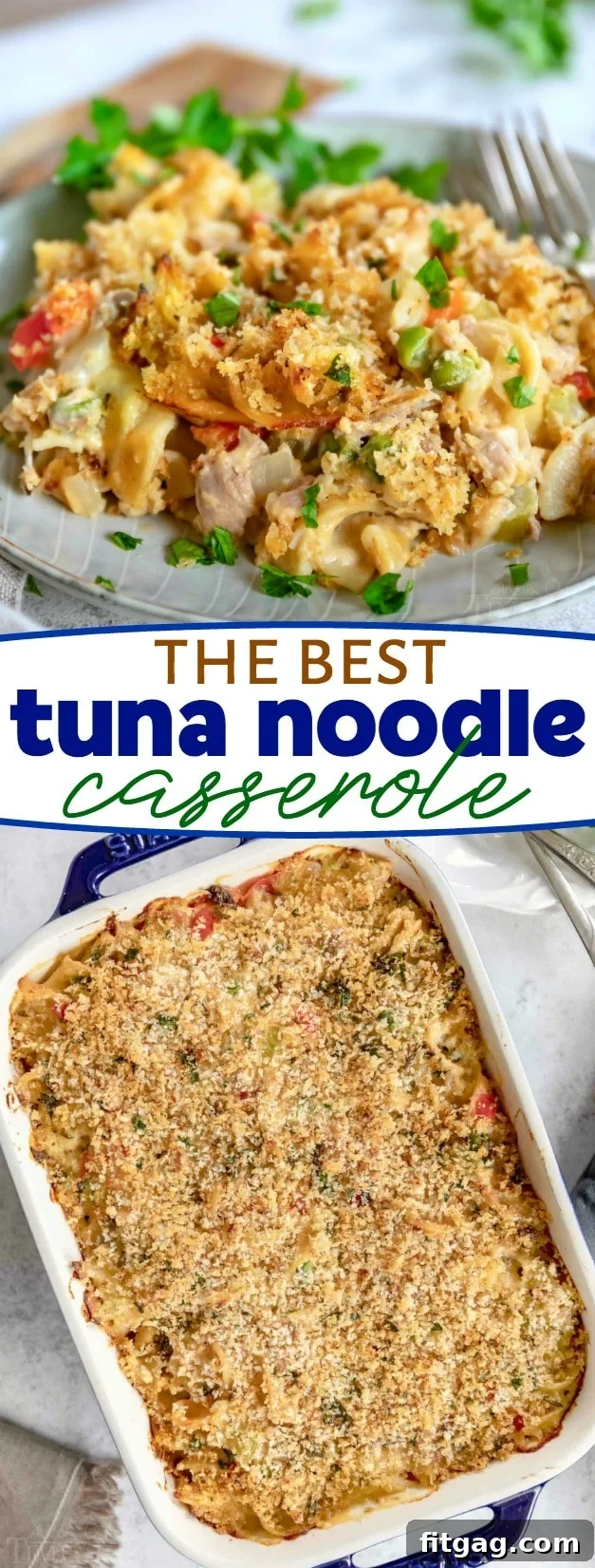 Collage of various stages of making Tuna Casserole, from ingredients to finished dish