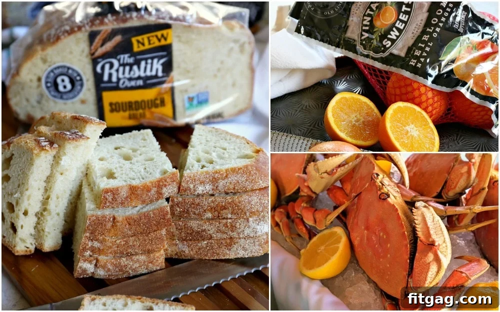 fresh oranges, artisanal bread, and crab meat
