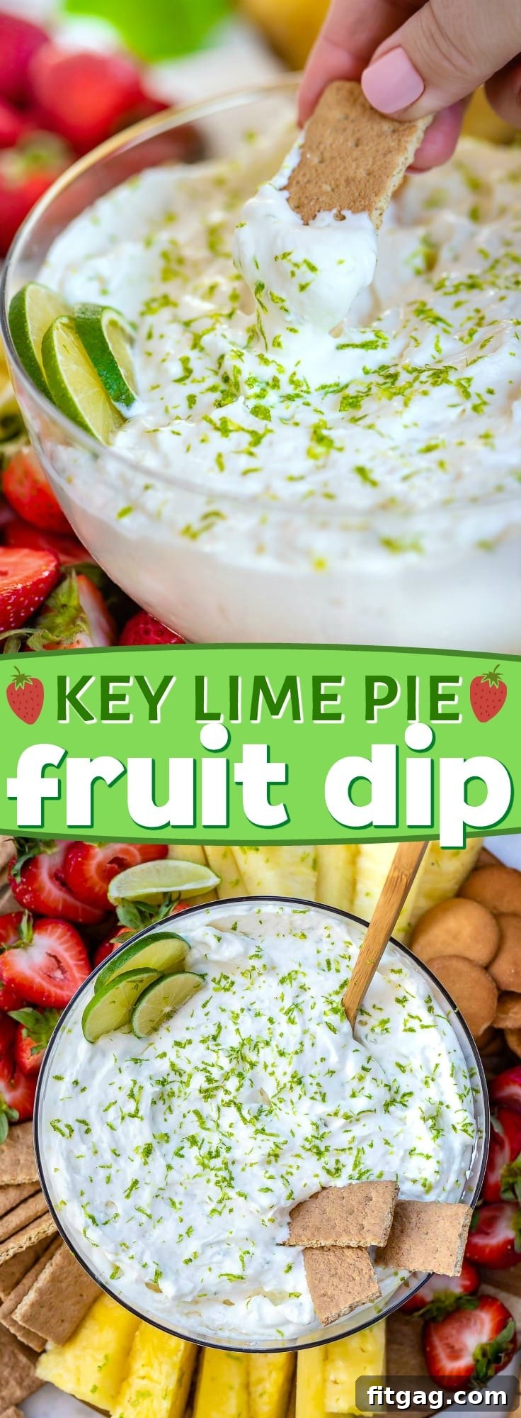 Zesty Key Lime Fruit Dip 3 Collage of Key Lime Pie Fruit Dip with various fruits and dippers